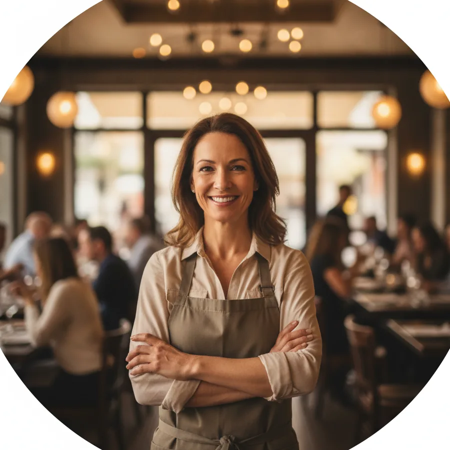 A small business owner standing proudly in her thriving restaurant