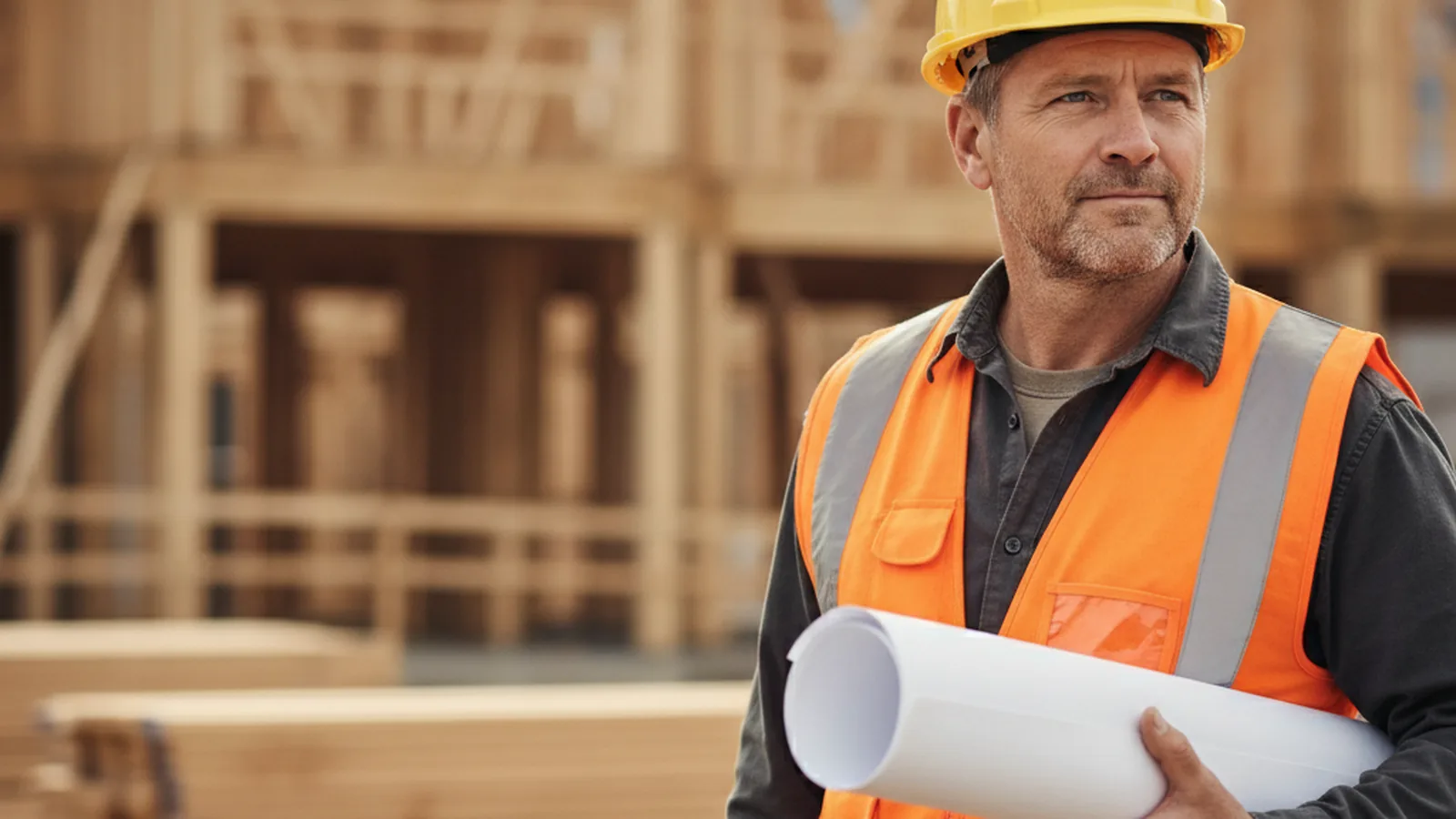 Construction contractor reviewing project plans at a job site