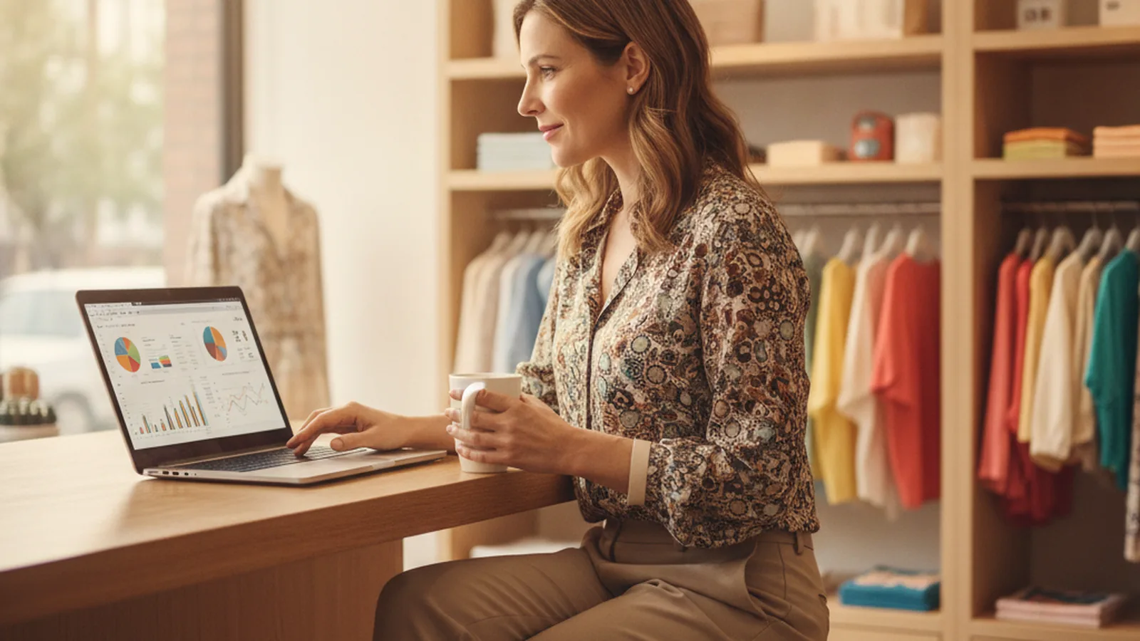 Small business owner reviewing finances on a laptop at a shop counter