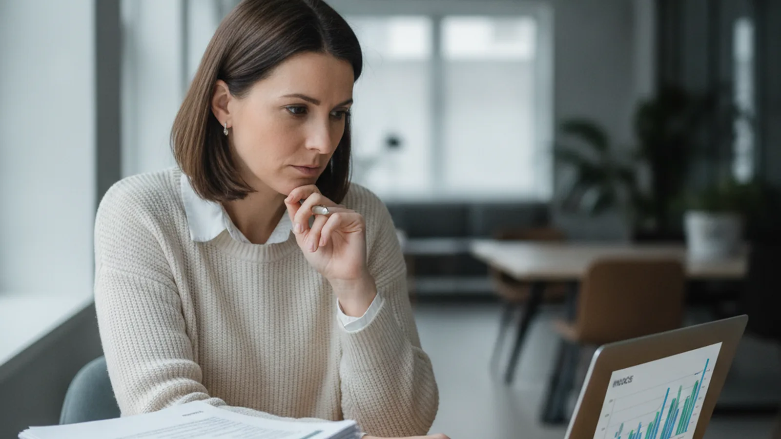 Business owner comparing invoice factoring and a line of credit on a laptop
