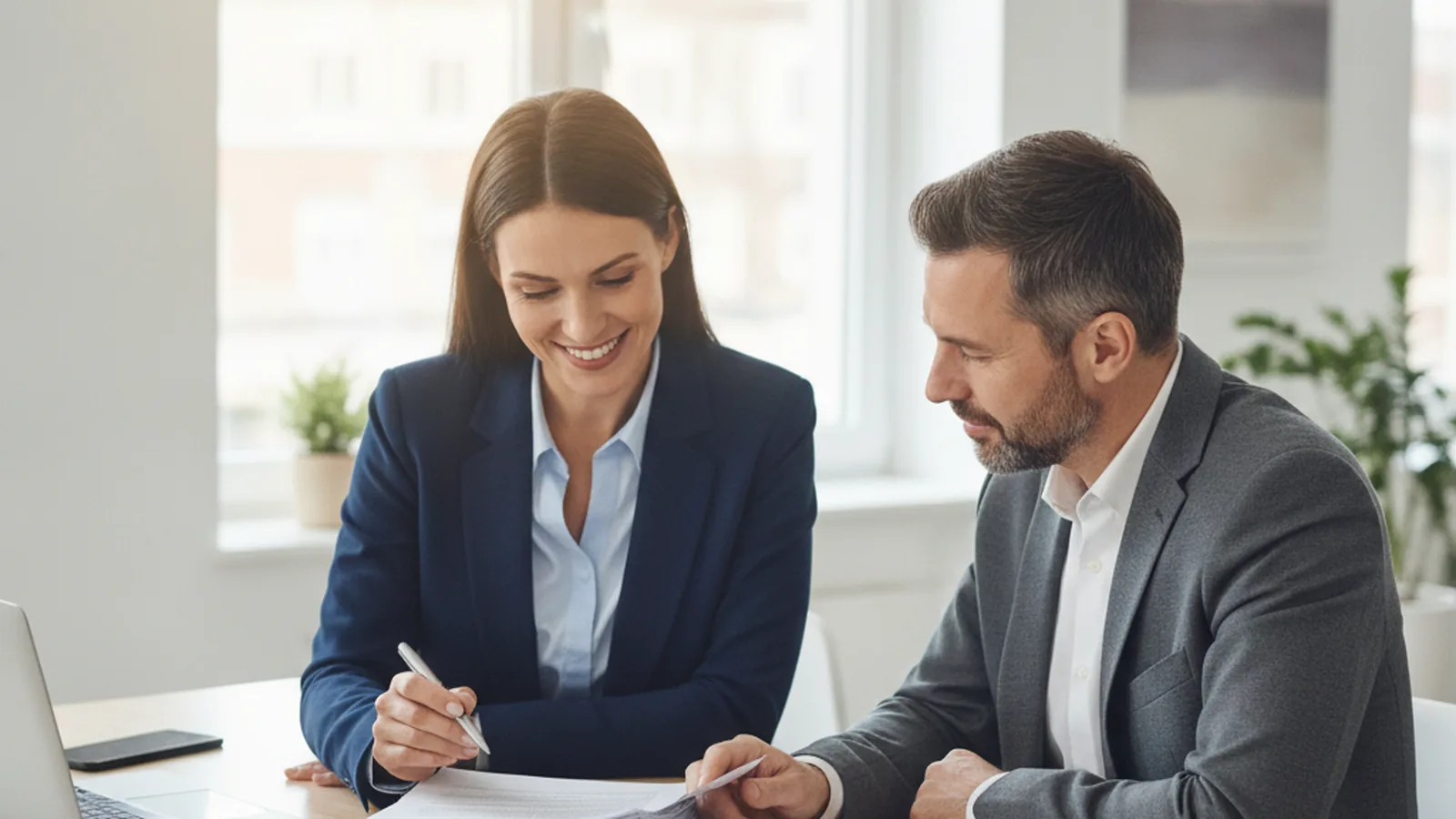 Business owners reviewing loan documents together in an office