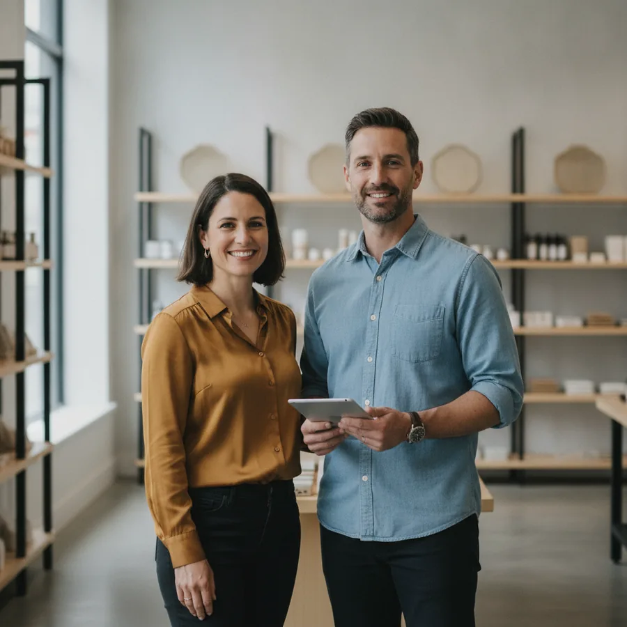 Two small business owners standing together in their shop