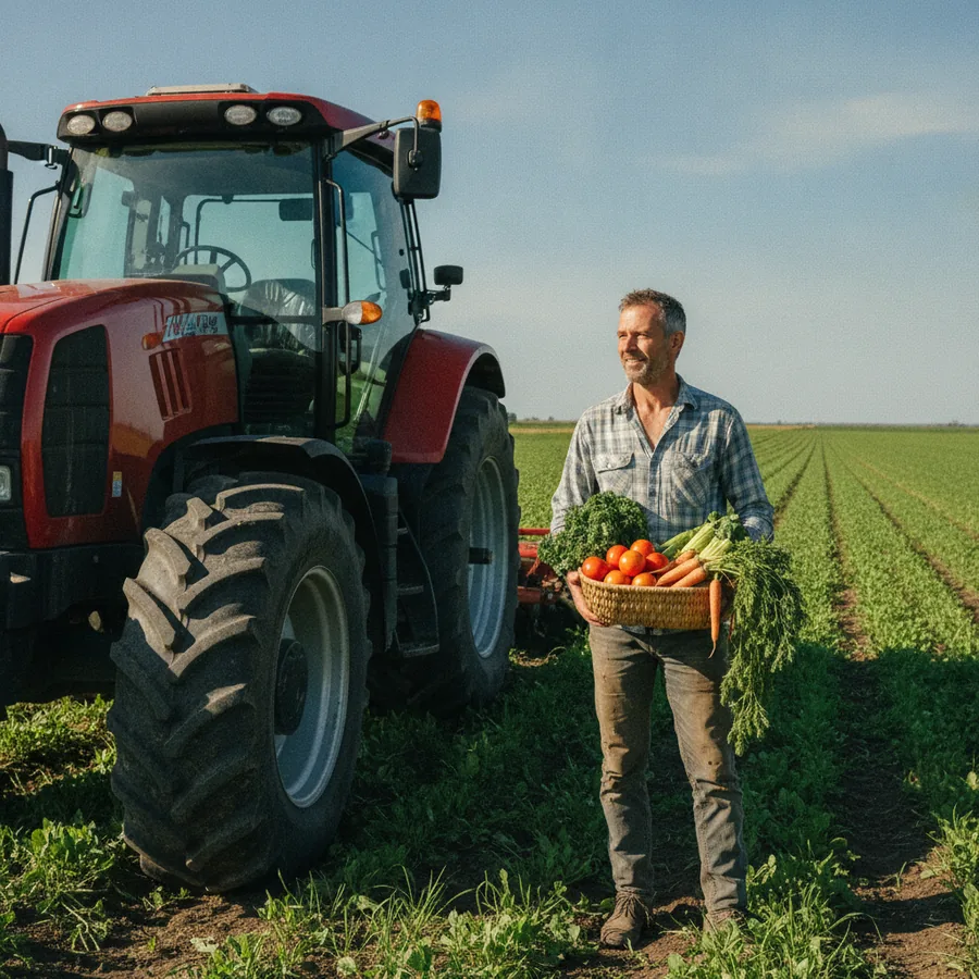 Farm owner standing in a sunlit field