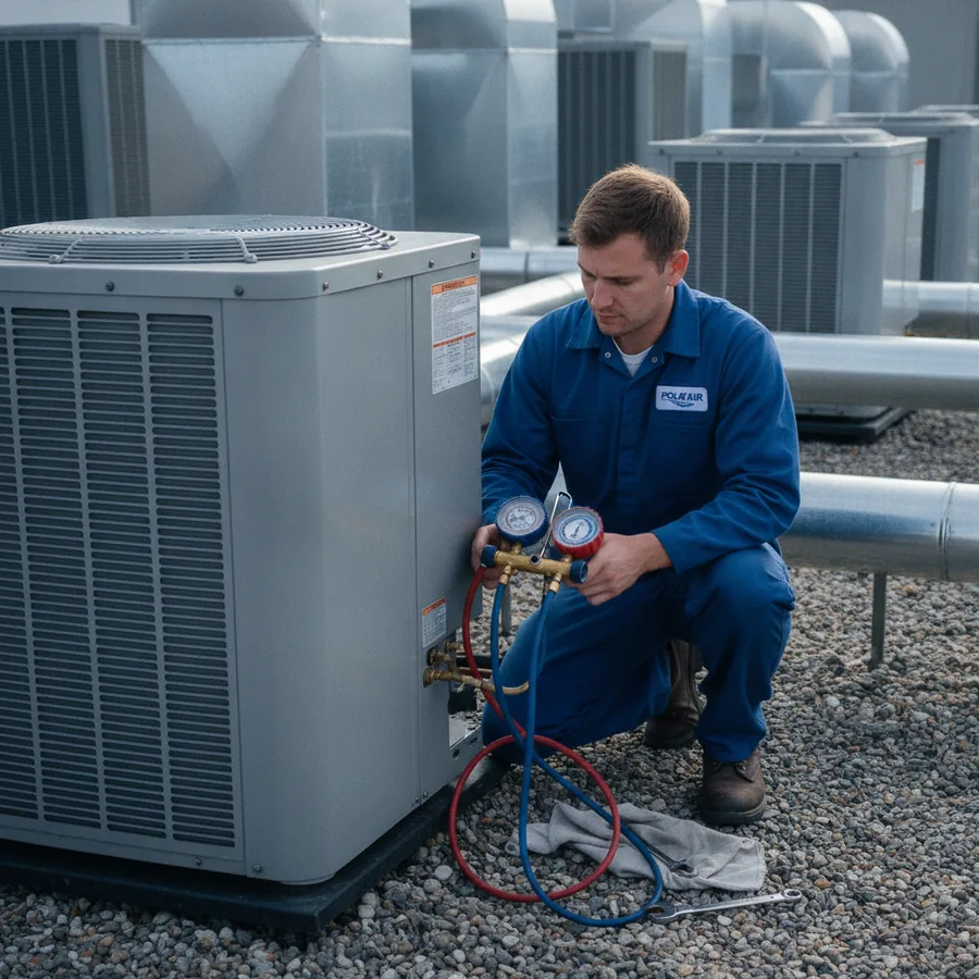 HVAC company owner beside his equipment