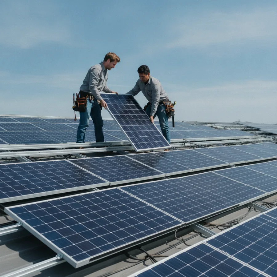 Solar company owner near solar panels