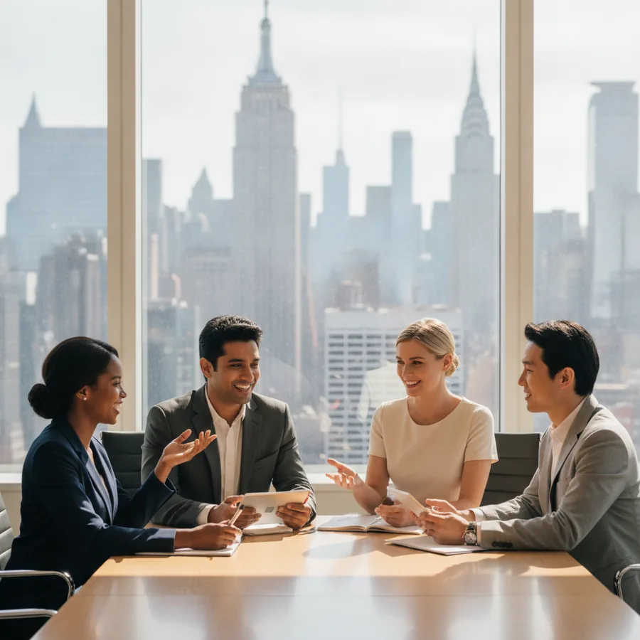 Business partners in a meeting in a Manhattan high-rise office with the city skyline behind them