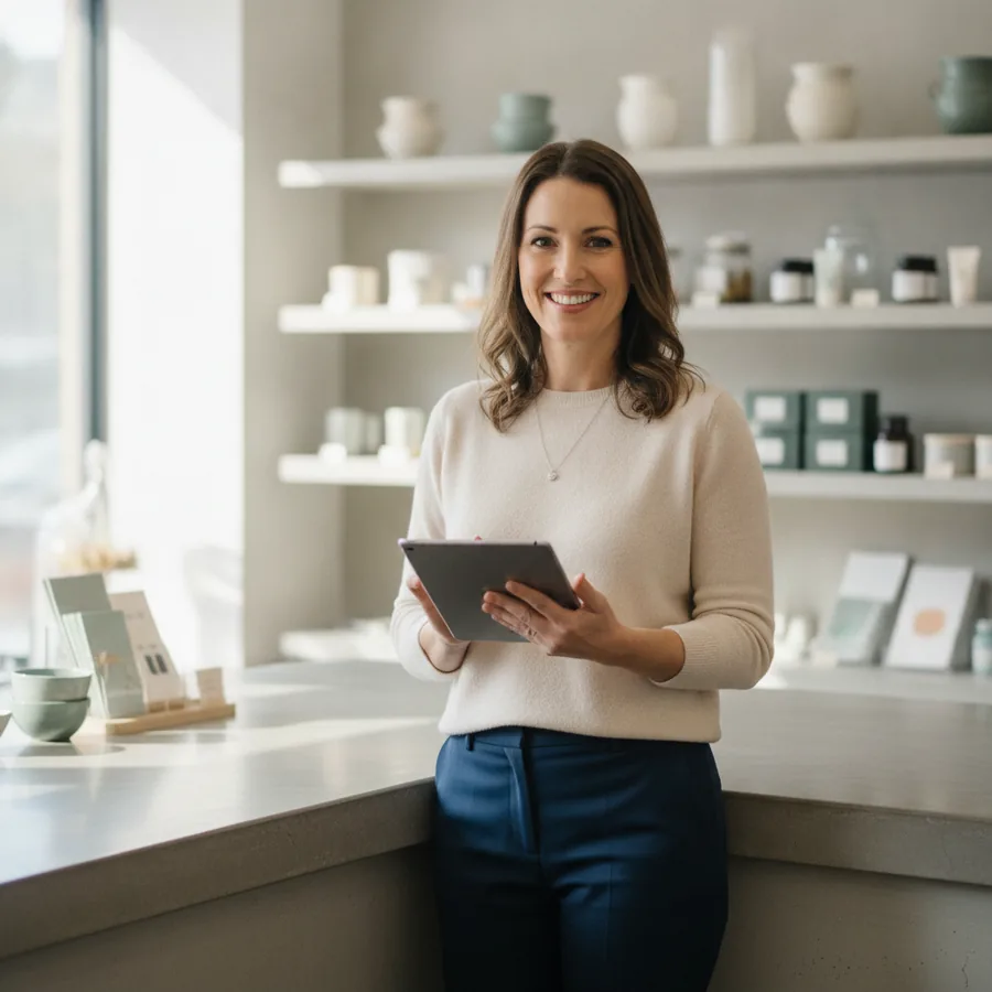 Small business owner managing her shop finances on a tablet