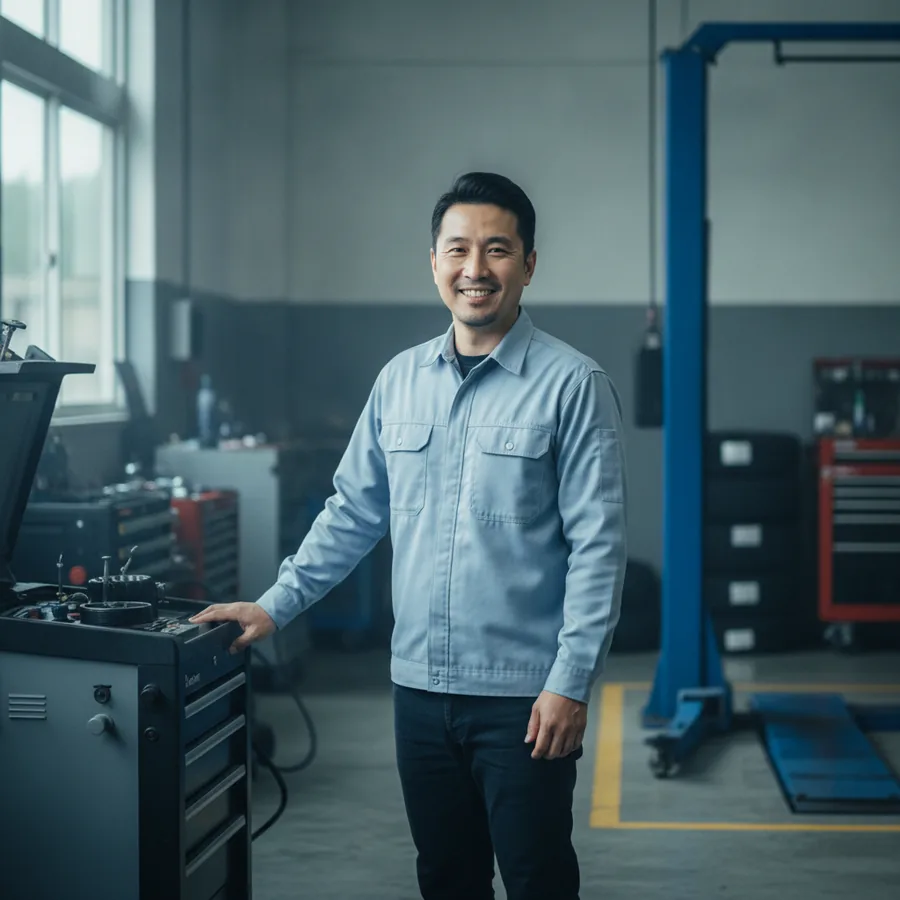 Auto repair shop owner standing beside his equipment