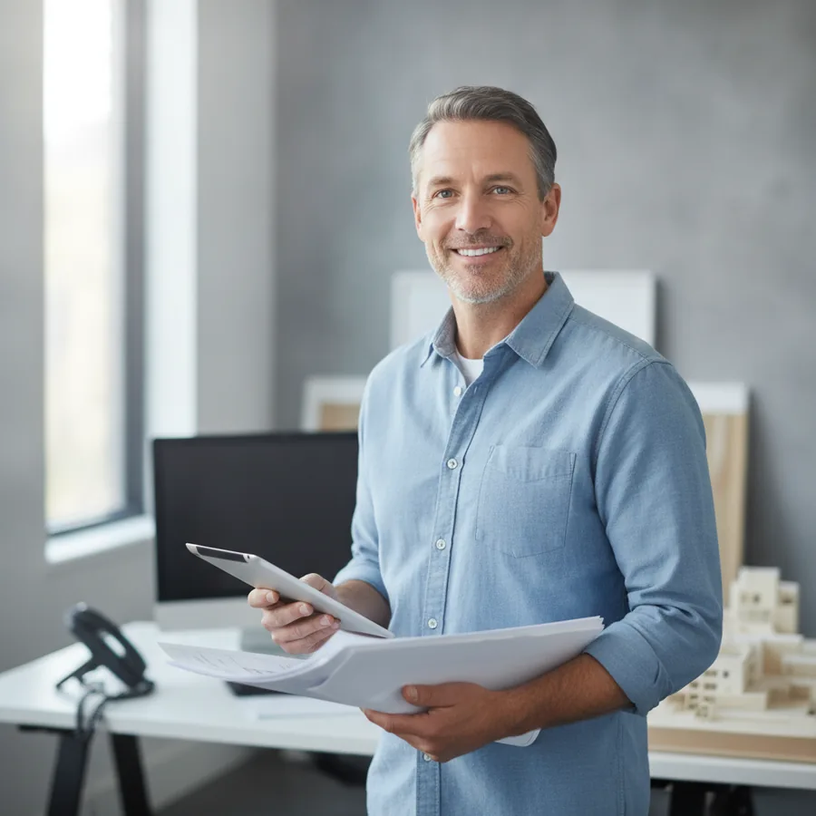Services company owner reviewing paperwork on a tablet