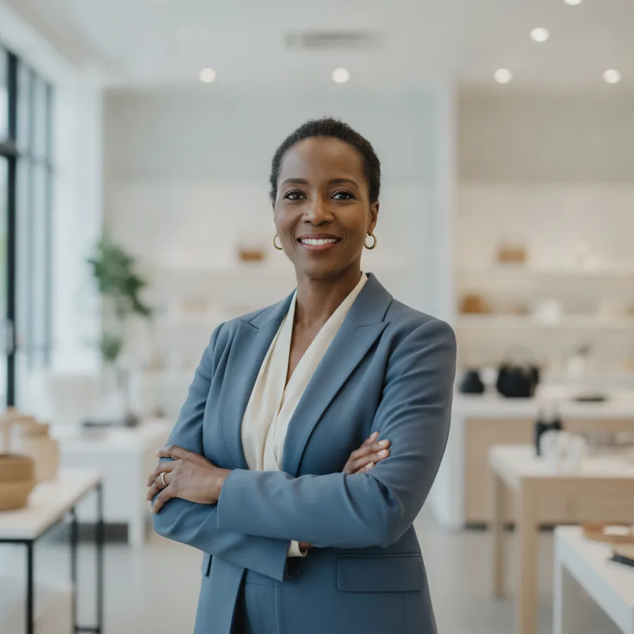 Retail showroom owner standing with arms lightly crossed