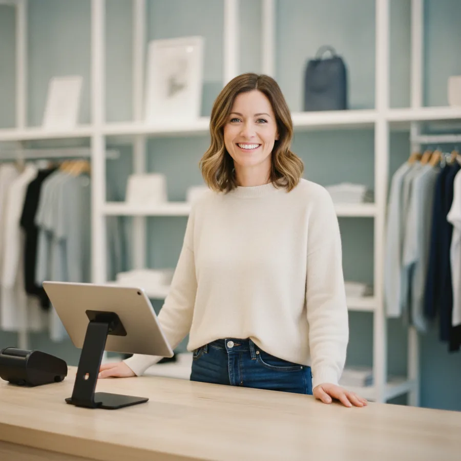 Boutique owner standing at her checkout counter