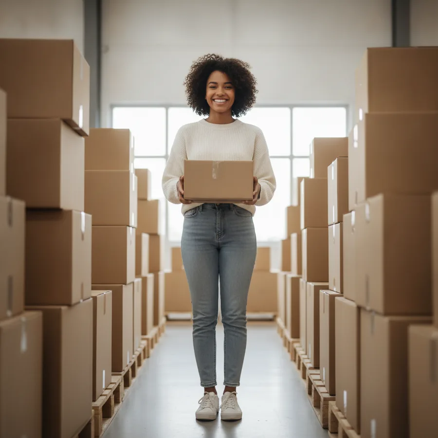 Ecommerce owner among shipping boxes in her workspace