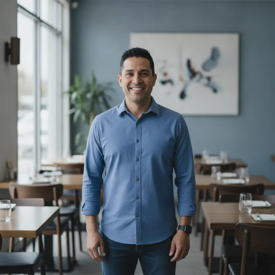 Restaurant owner standing confidently in his dining room